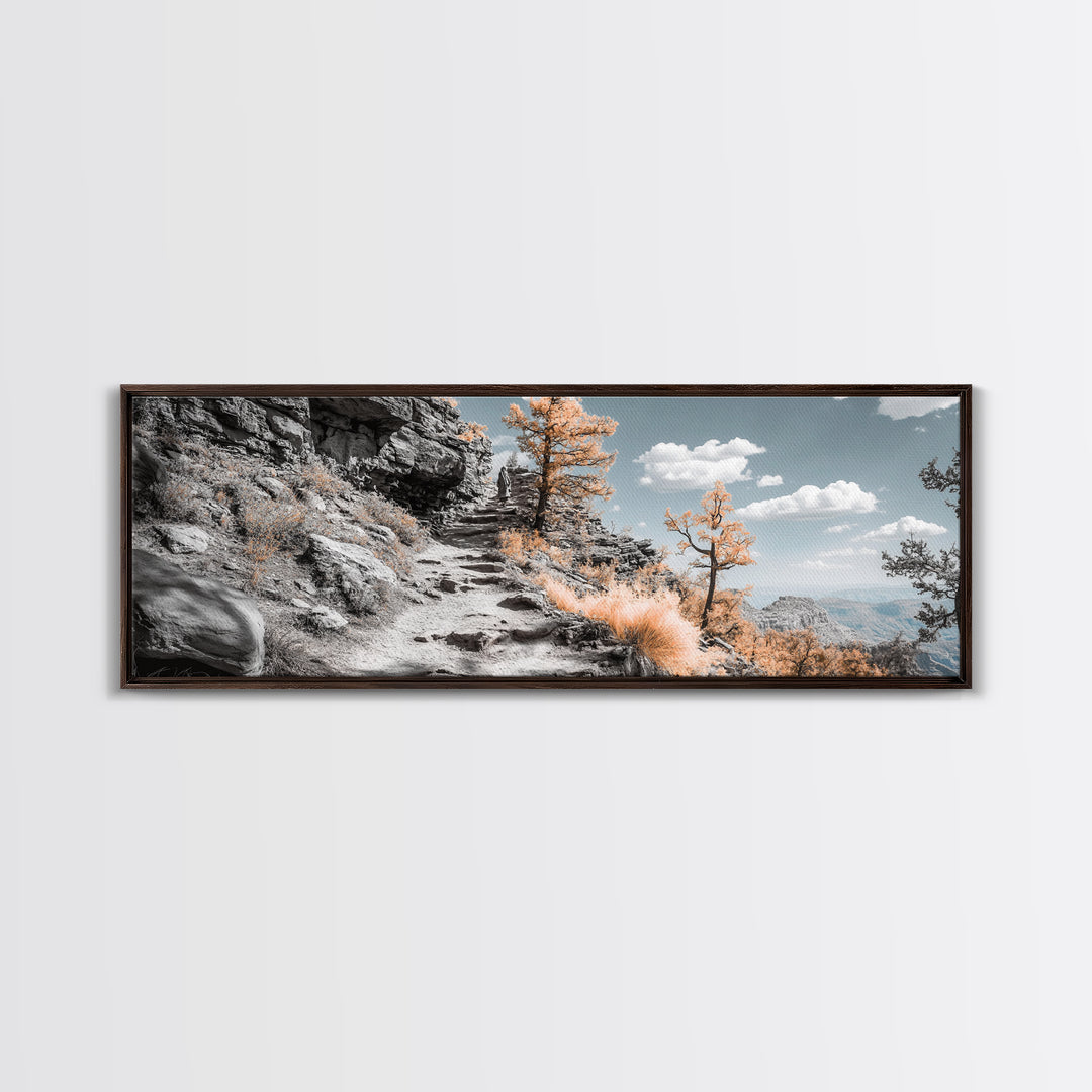 Canyon Hike, Autumn Pathway, Orange Foliage, Rocky Trail, Framed Canvas Print, Nature Adventure Wall Art, Boho Fall Home Decor