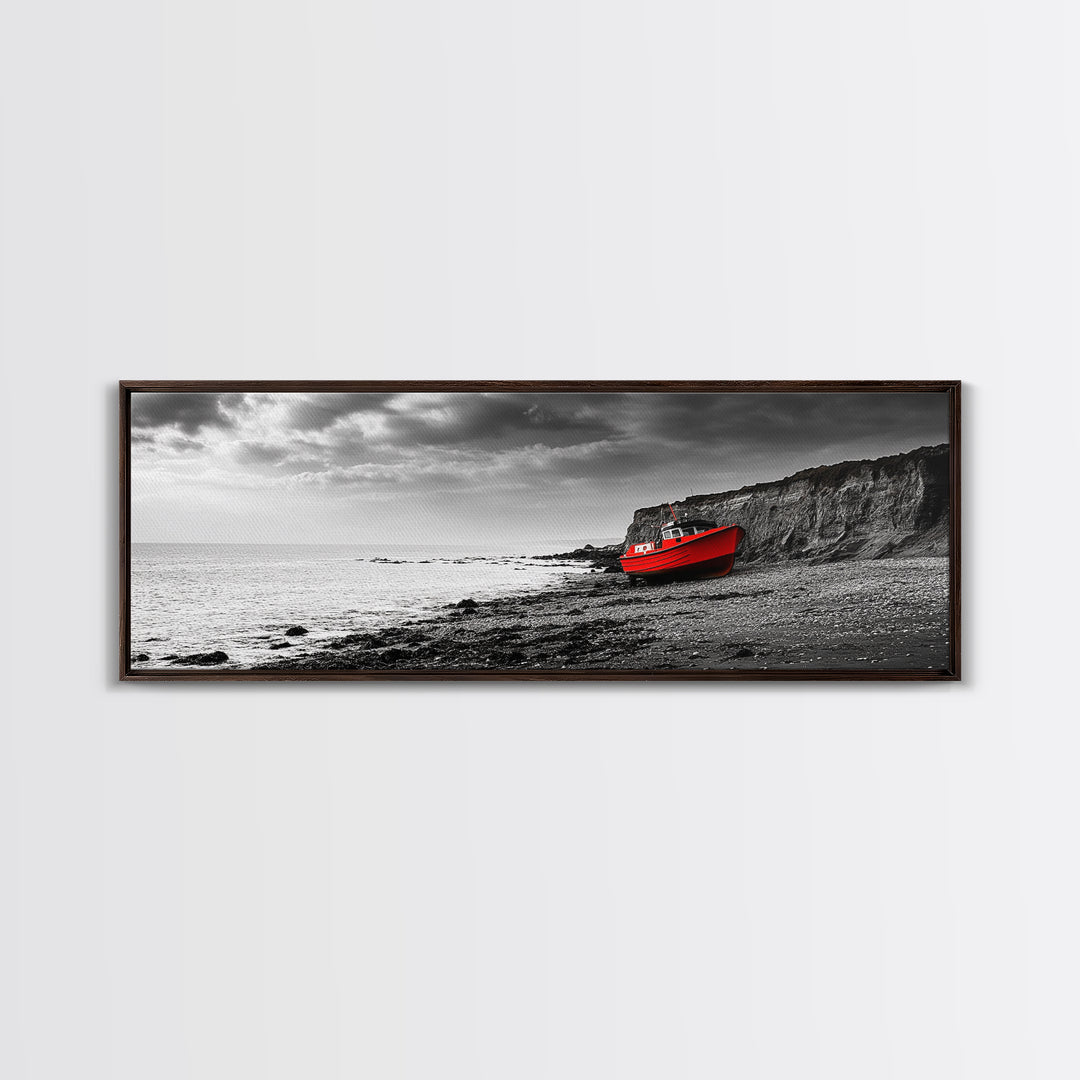 Red Boat, Rocky Shore, Dramatic Sky, Abandoned Vessel, Framed Canvas Print, Nautical Living Room Art, Moody Coastal Home Decor