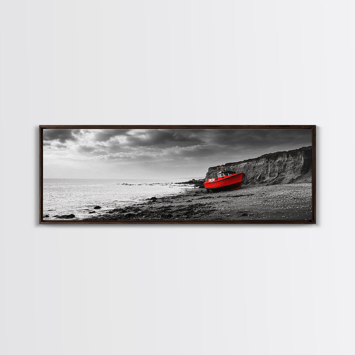 Red Boat, Rocky Shore, Dramatic Sky, Abandoned Vessel, Framed Canvas Print, Nautical Living Room Art, Moody Coastal Home Decor
