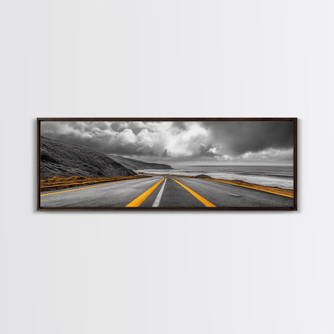 Coastal Highway Drive, Scenic Ocean Road, Stormy Sky Vibes, Framed Canvas Print, Modern Wall Art, Office Decor, Monochrome Landscape