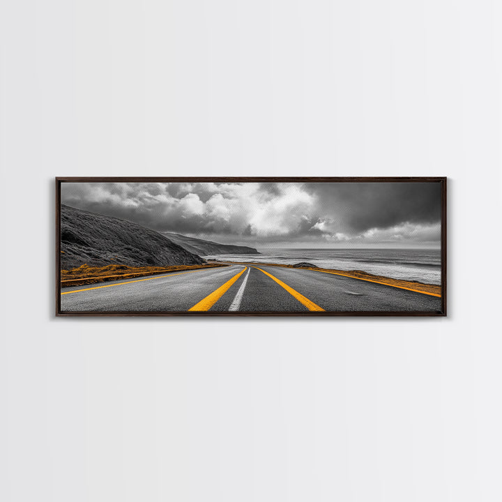Coastal Highway Drive, Scenic Ocean Road, Stormy Sky Vibes, Framed Canvas Print, Modern Wall Art, Office Decor, Monochrome Landscape