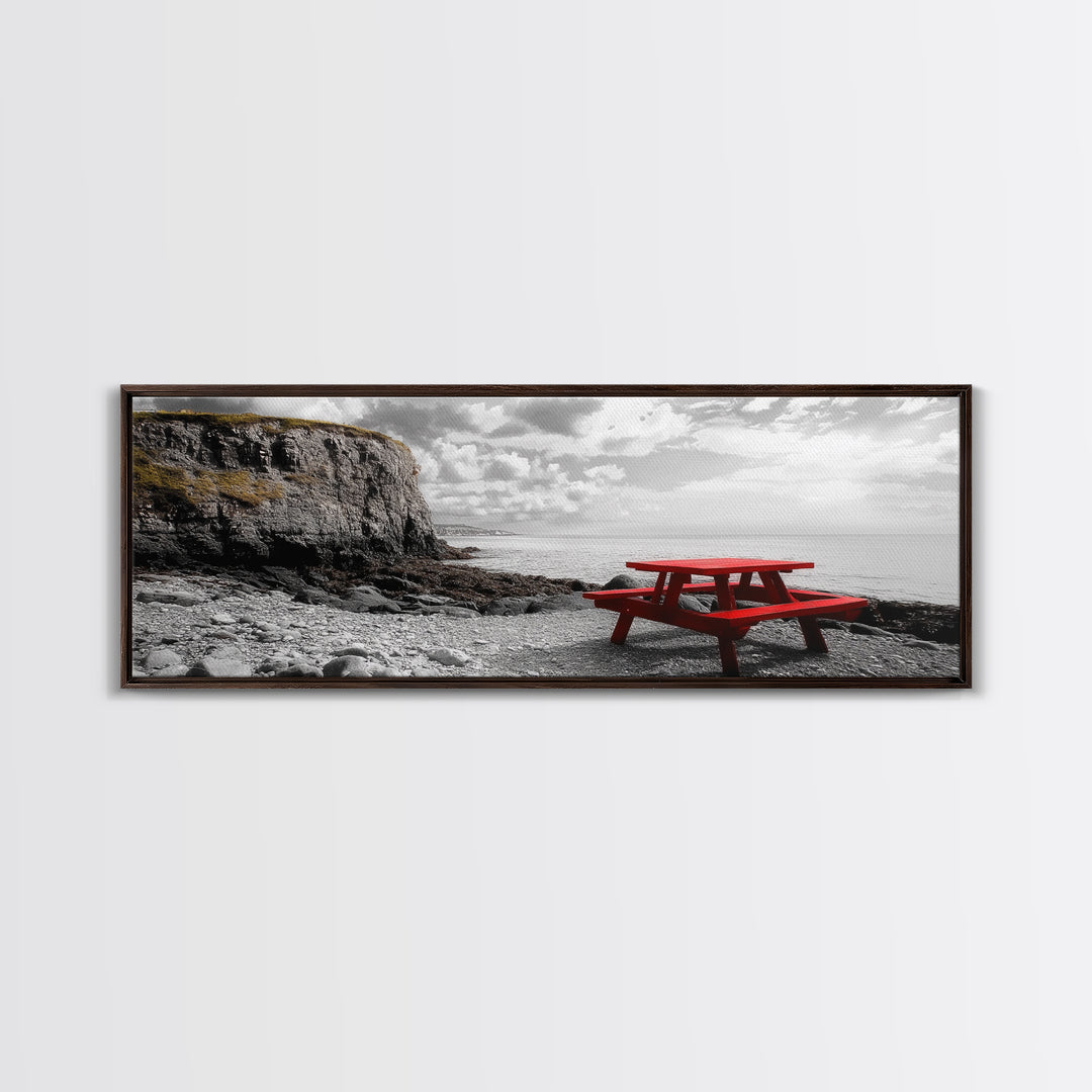 Red Picnic Table, Rocky Shore Cliffs, Bold Coastal View, Framed Canvas Print, Rustic Wall Art, Cabin Decor, Nature Lovers Gift