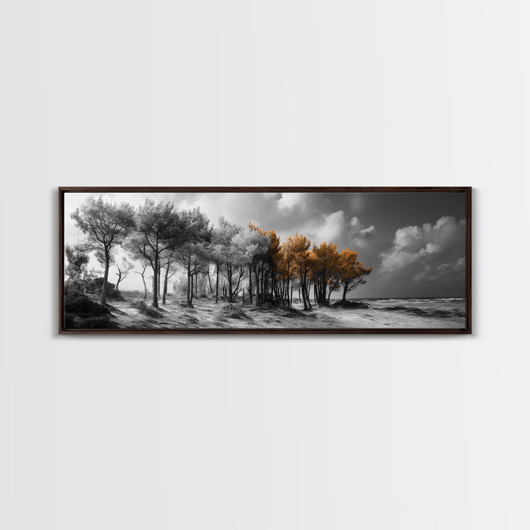 Autumn Forest Trees, Windswept Pine Grove, Beachside View, Framed Canvas Print, Fall Wall Art, Entryway Decor, Minimalist Style