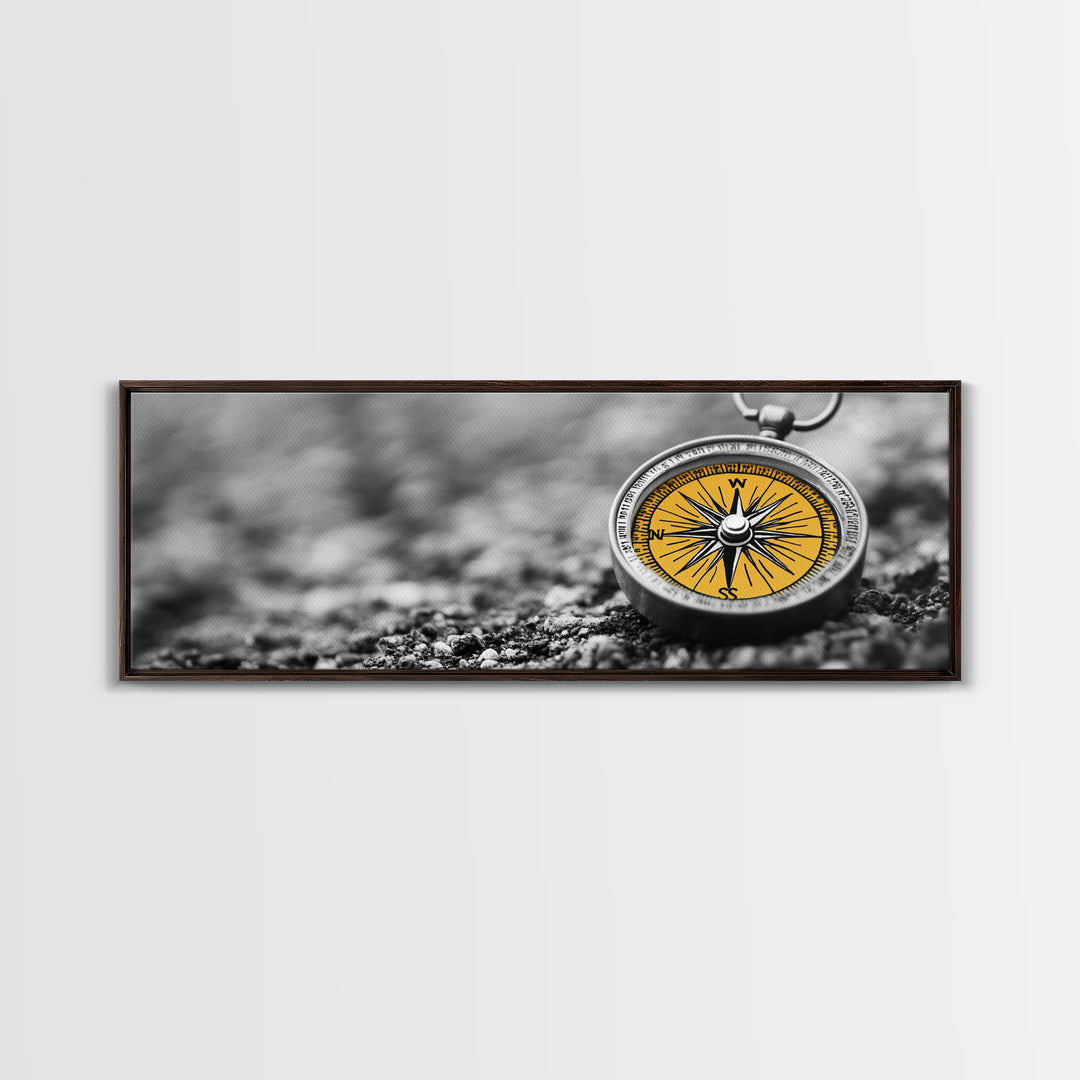 Golden Compass Closeup, Adventure Exploration Theme, Vintage Nautical Design, Framed Canvas Print, Office Wall Art, Travel Lover Gift