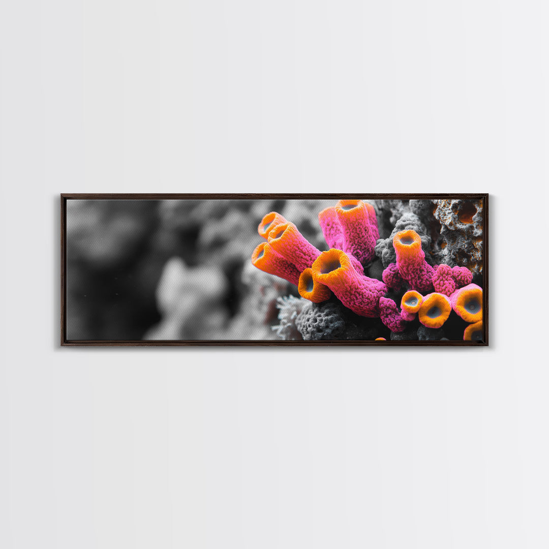 Neon Coral Closeup, Vibrant Underwater Detail, Oceanic Texture Wall Art, Framed Canvas Print, Bathroom Decor, Coastal Modern Style