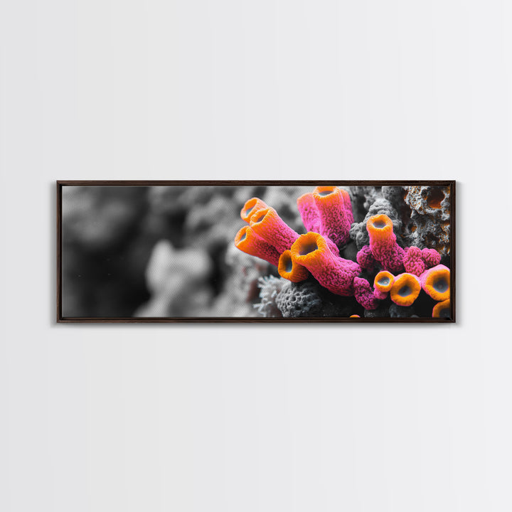 Neon Coral Closeup, Vibrant Underwater Detail, Oceanic Texture Wall Art, Framed Canvas Print, Bathroom Decor, Coastal Modern Style