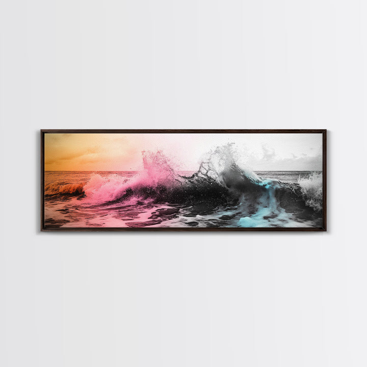 Crashing Ocean Wave, Pastel Color Splash, Moody Coastal Storm, Framed Canvas Print, Bathroom Wall Art, Surfer Beach Vibes