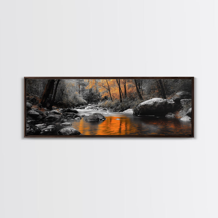 Autumn River Scene, Fall Forest Landscape, Tranquil Waters, Framed Canvas Print, Rustic Wall Art, Cabin Decor, Moody Photography