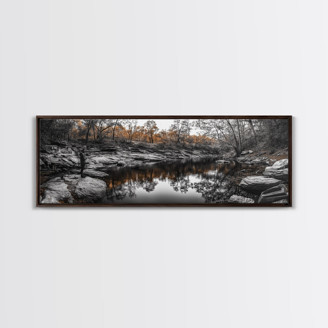 Peaceful Creek View, Fall Foliage Forest, Nature Wall Art, Fishing Scene, Framed Canvas Print, Rustic Home Decor, Autumn Photography