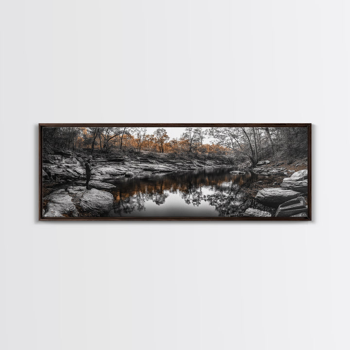 Peaceful Creek View, Fall Foliage Forest, Nature Wall Art, Fishing Scene, Framed Canvas Print, Rustic Home Decor, Autumn Photography