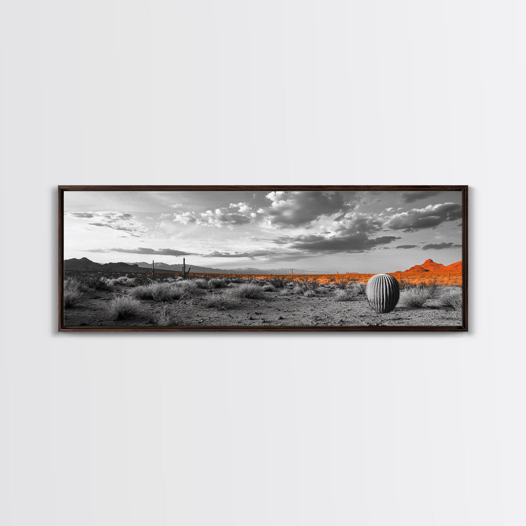 Arizona Desert Cactus, Orange Sunset Landscape, Saguaro Art, Framed Canvas Print, Western Wall Decor, Rustic Living Room Accent