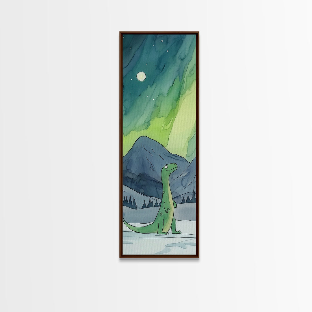 Whimsical Green Dinosaur Under Aurora Wall Art, Kids Room Canvas Print, Northern Lights Nursery Decor, Fantasy Art Gift