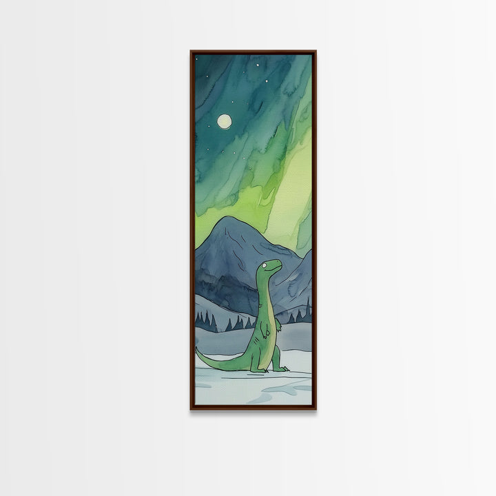 Whimsical Green Dinosaur Under Aurora Wall Art, Kids Room Canvas Print, Northern Lights Nursery Decor, Fantasy Art Gift