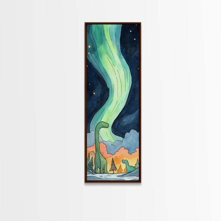 Two Gentle Dinosaurs Beneath Aurora Wall Art, Whimsical Kids Room Canvas Print, Fantasy Nursery Decor, Cute Animal Gift