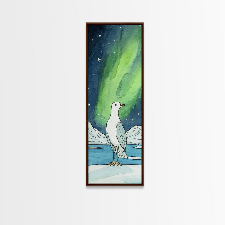 White Seabird In Icy Aurora Landscape Wall Art, Arctic Bird Canvas Print, Coastal Wildlife Decor, Nursery Nature Gift, Art Print