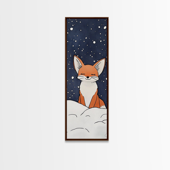 Sleepy Fox In Snowy Night Canvas Print, Whimsical Animal Art, Woodland Nursery Decor, Kids Room Wall Decor, Winter Wall Art