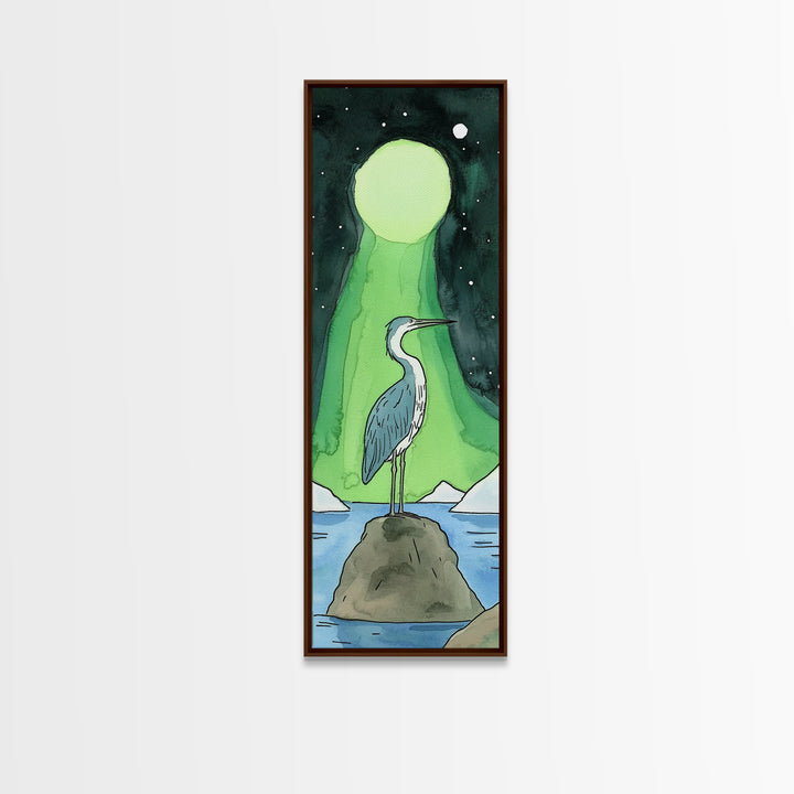 Heron Under Green Aurora Moon Wall Art, Celestial Bird Art Print, Northern Lights Decor, Coastal Wall Decor, Mystical Nature Art