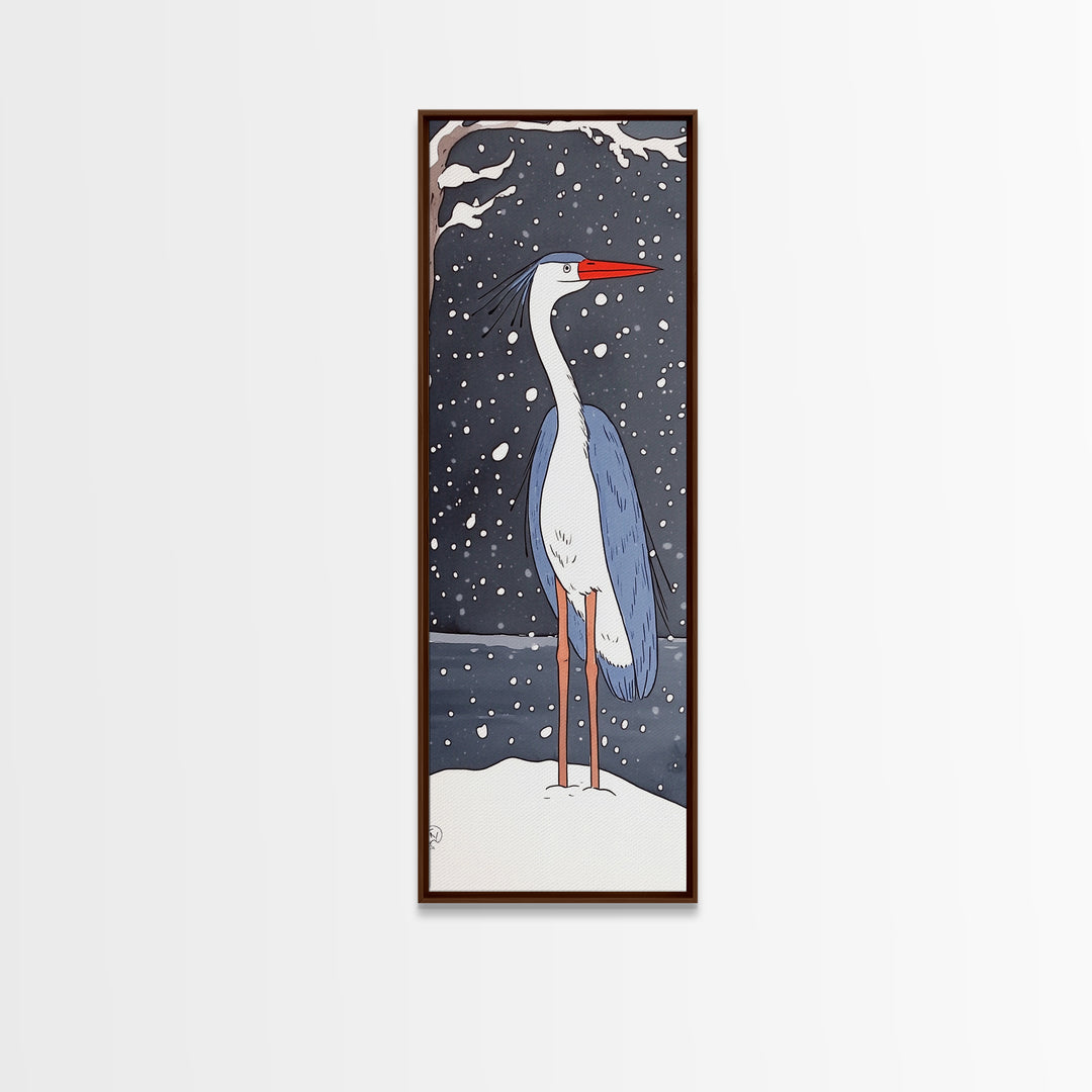 Snowy Heron With Red Beak Framed Canvas Print, Winter Bird Wall Art, Coastal Wall Decor, Animal Art Print, Nature Decor, Gift