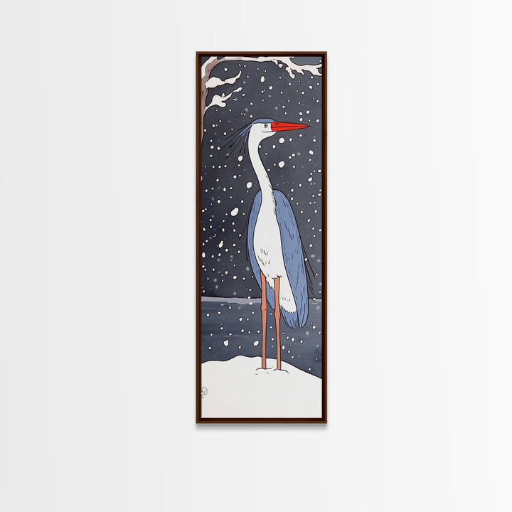 Snowy Heron With Red Beak Framed Canvas Print, Winter Bird Wall Art, Coastal Wall Decor, Animal Art Print, Nature Decor, Gift