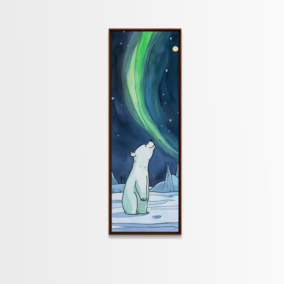 Polar Bear Watching Northern Lights Wall Art, Aurora Canvas Print, Arctic Animal Art, Nursery Decor, Winter Nature Wall Decor