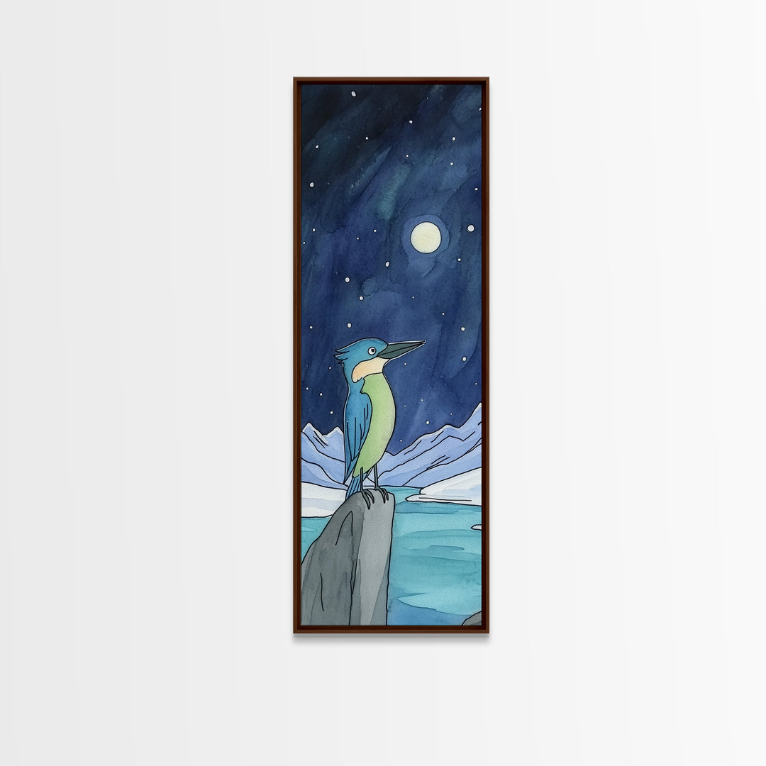 Moonlit Kingfisher On Arctic Ice Wall Art, Whimsical Bird Print, Celestial Night Sky Decor, Kids Room Art Gift, Nursery Decor