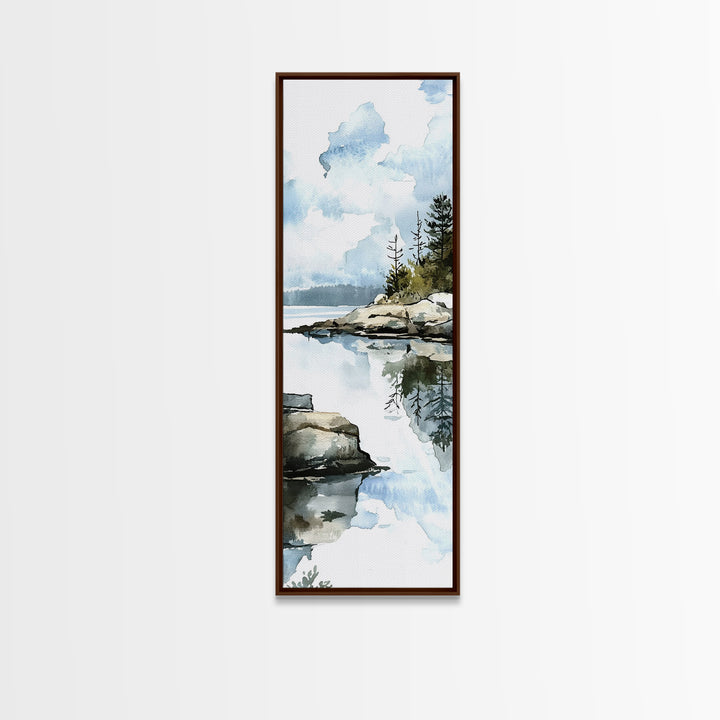 Quiet Rocky Lake And Pine Reflection Framed Canvas Print, Watercolor Landscape Wall Art, Nature Decor, Living Room Art Print