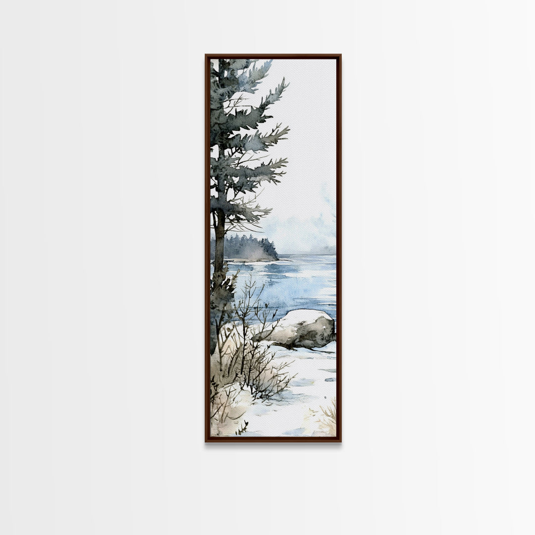 Pine Tree By Frozen Lake Framed Canvas Print, Winter Coastal Landscape Wall Art, Cabin Decor, Scandinavian Wall Decor Gift
