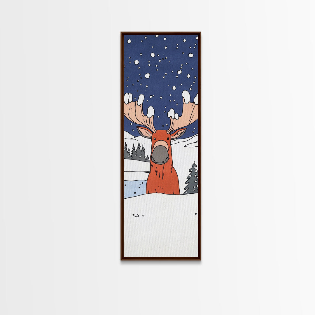 Whimsical Moose In Snow Wall Art, Cute Animal Print For Nursery Decor, Winter Woodland Kids Room Decor, Housewarming Gift