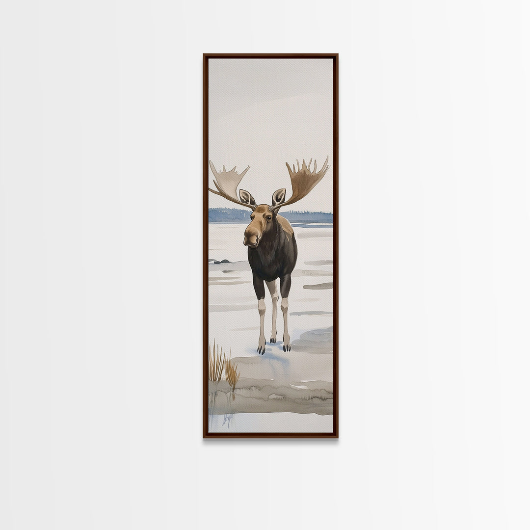 Snowy Moose Watercolor Wall Art, Rustic Wildlife Print, Cabin Decor, Winter Landscape Art, Nature Lover Housewarming Gift