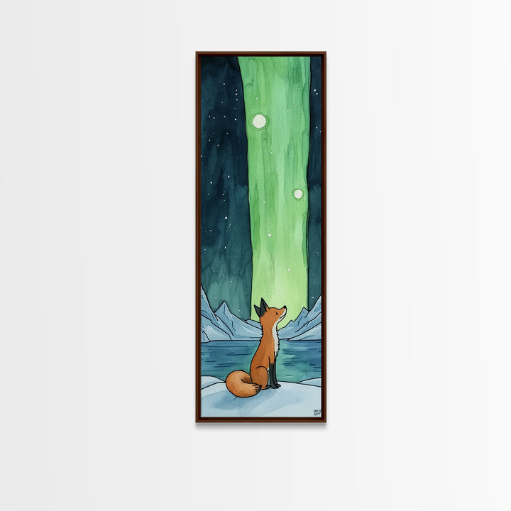 Fox Watching Northern Lights Canvas Print Arctic Landscape Wall Art, Celestial Animal Decor, Cozy Kids Room Nursery Gift