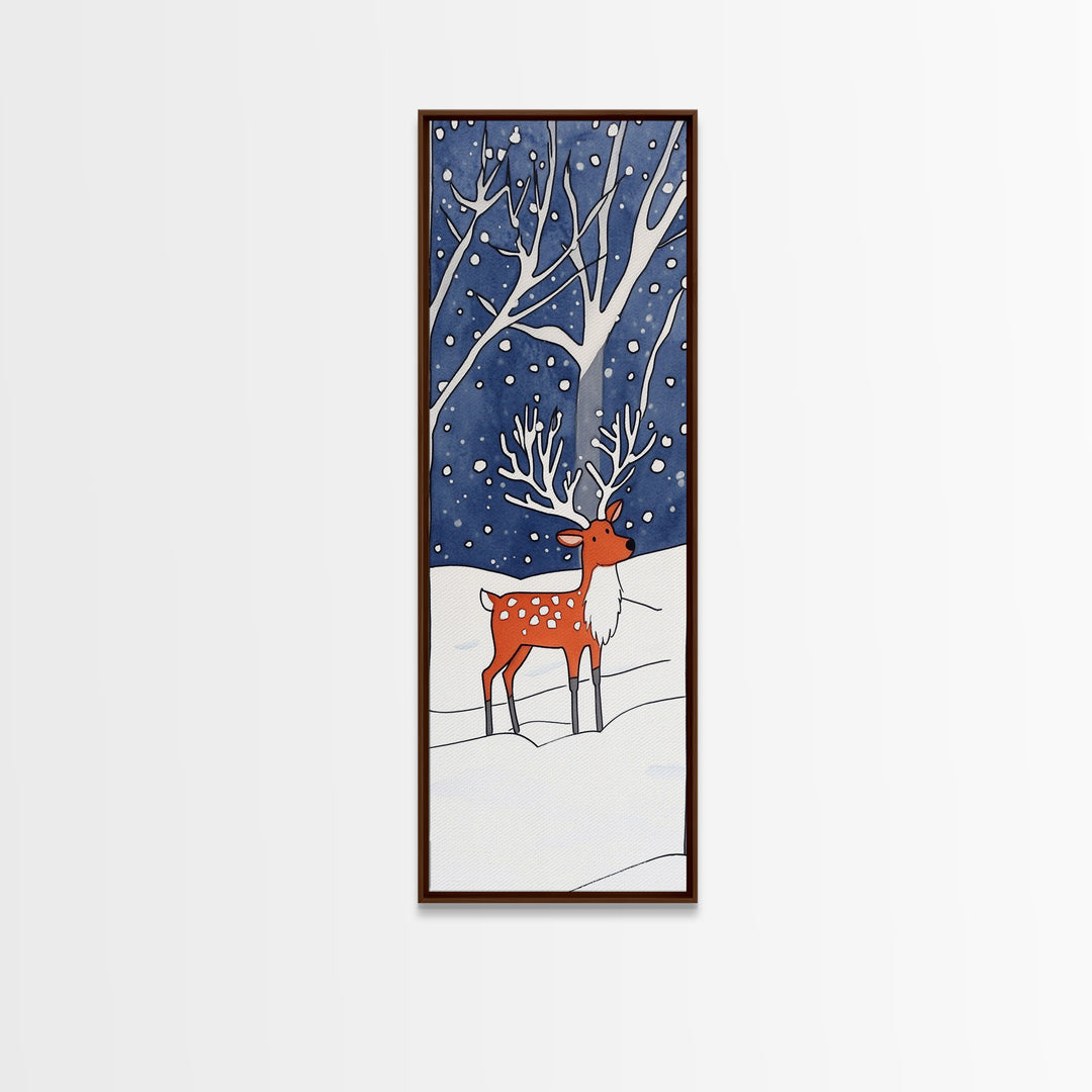 Red Reindeer In Snowy Forest Wall Art, Whimsical Winter Woodland Nursery Decor, Christmas Gift, Kids Room Wall Decor For Baby