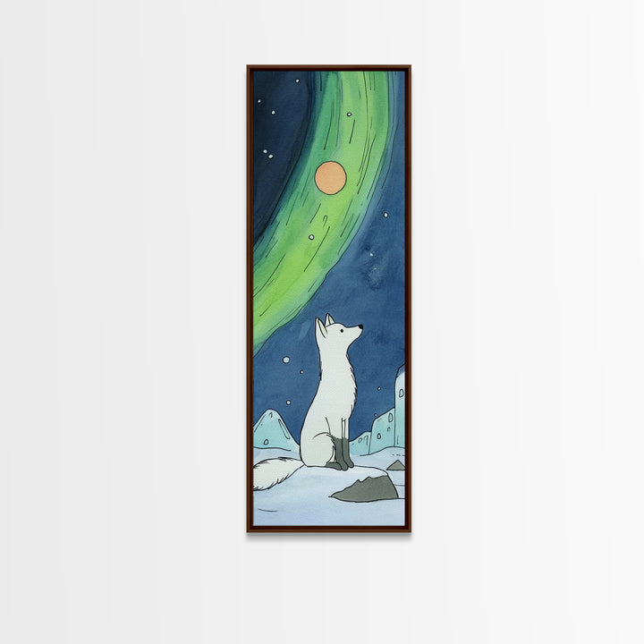 Arctic Fox Under Northern Lights Wall Art, Whimsical Snowy Animal Print, Aurora Nursery Decor, Winter Wildlife Canvas Print