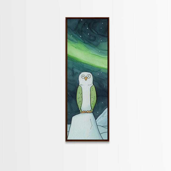 Cute Owl Under Aurora Wall Art, Whimsical Northern Lights Canvas Print, Kids Room Decor, Nursery Animal Art, Winter Gift