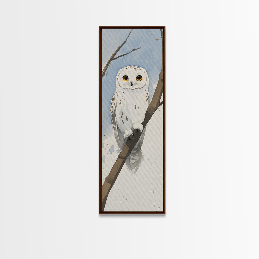 Snowy Owl On Winter Branch Wall Art, Watercolor Bird Print, Woodland Nursery Decor, Rustic Wildlife Art, Nature Lover Gift