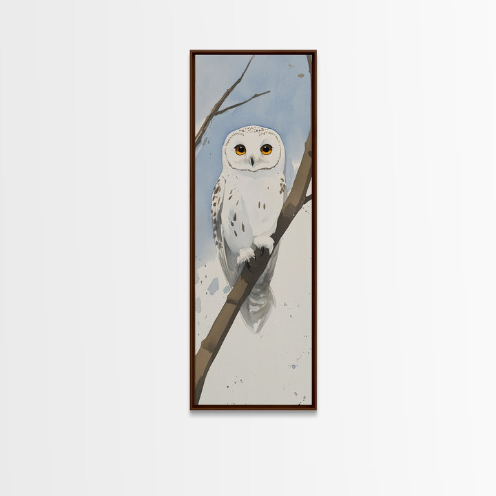 Snowy Owl On Winter Branch Wall Art, Watercolor Bird Print, Woodland Nursery Decor, Rustic Wildlife Art, Nature Lover Gift