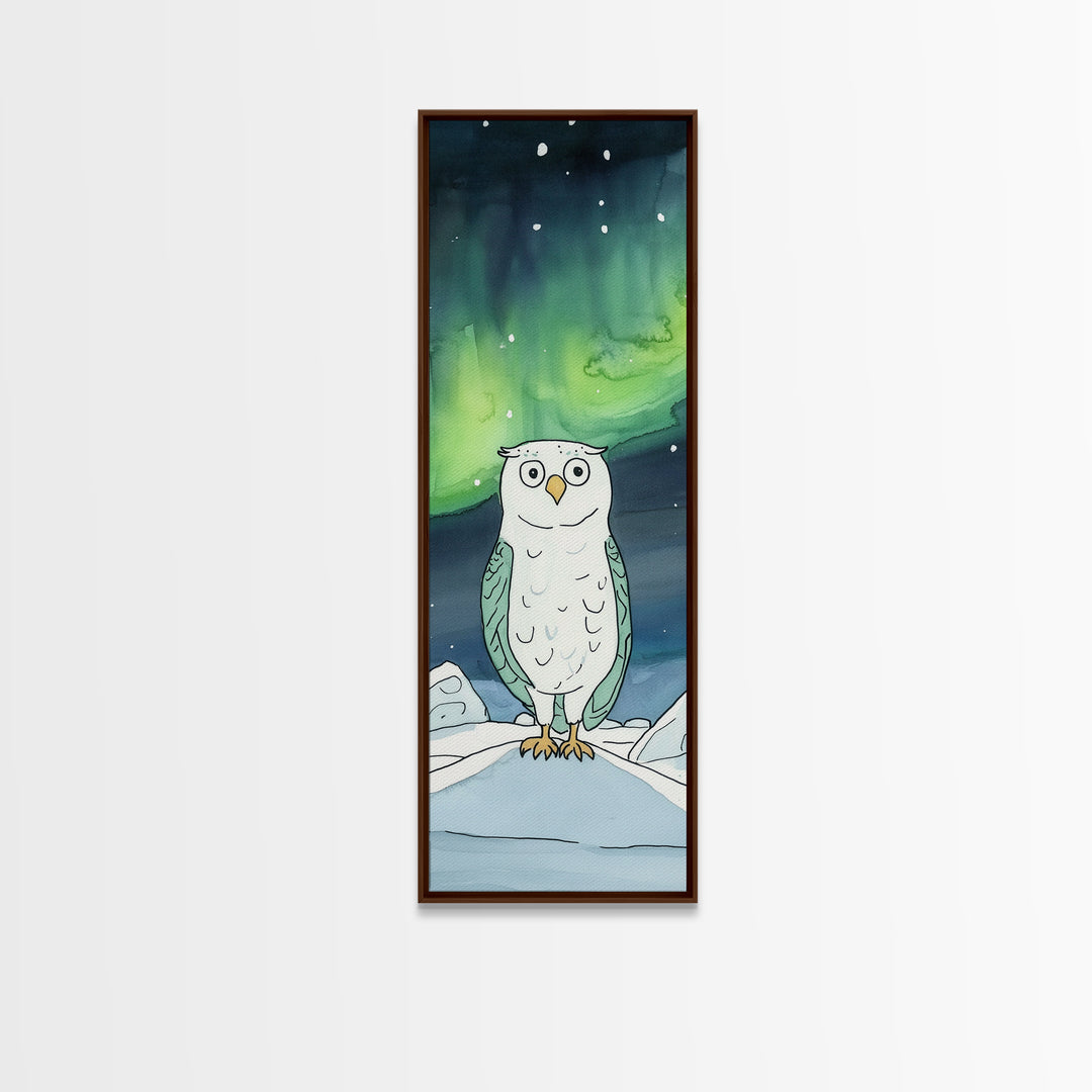 Wide Eyed Owl Beneath Northern Lights Wall Art, Whimsical Bird Print, Aurora Nursery Decor, Celestial Kids Room Art Gift
