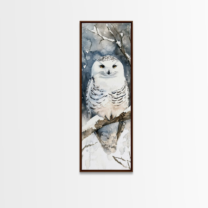 Realistic Snowy Owl In Snowy Forest Framed Canvas Print, Winter Wildlife Art, Nature Wall Decor, Rustic Cabin Decor Gift