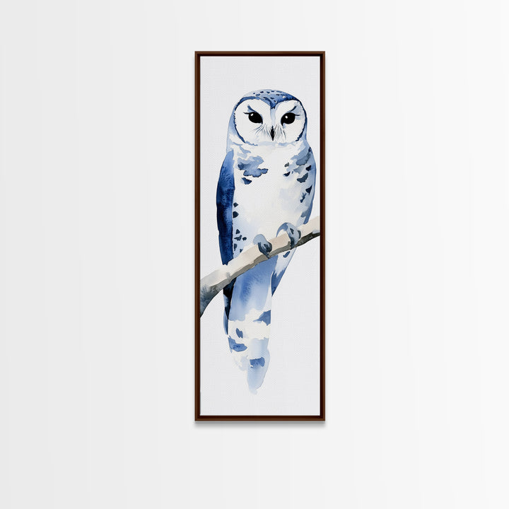 Blue And White Owl On Branch Canvas Print, Minimal Watercolor Bird Art, Nursery Wall Decor, Coastal Blue Bedroom Art Gift
