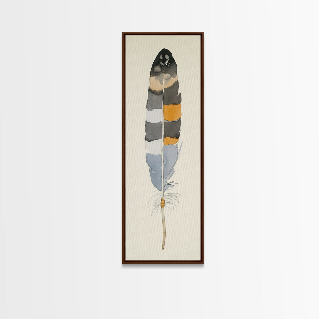 Bold Striped Feather Canvas Print, Watercolor Bird Art, Boho Wall Decor, Neutral Nature Print, Rustic Gallery Wall Gift Idea