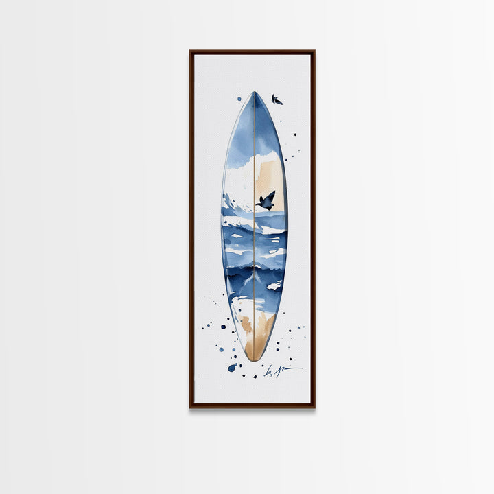 Blue Wave Surfboard With Birds Canvas Print, Coastal Wall Art, Ocean Decor, Beach House Surf Poster, Living Room Art, Modern Coastal Art