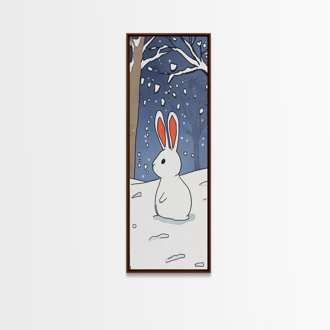 White Bunny In Snowy Forest Wall Art, Whimsical Rabbit Print, Woodland Nursery Decor, Winter Kids Room Wall Decor, Baby Shower Gift