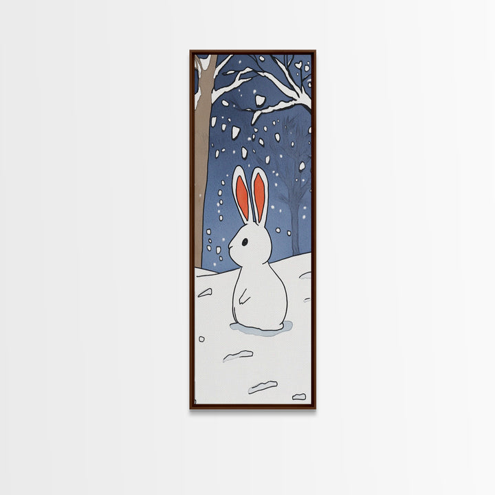 White Bunny In Snowy Forest Wall Art, Whimsical Rabbit Print, Woodland Nursery Decor, Winter Kids Room Wall Decor, Baby Shower Gift