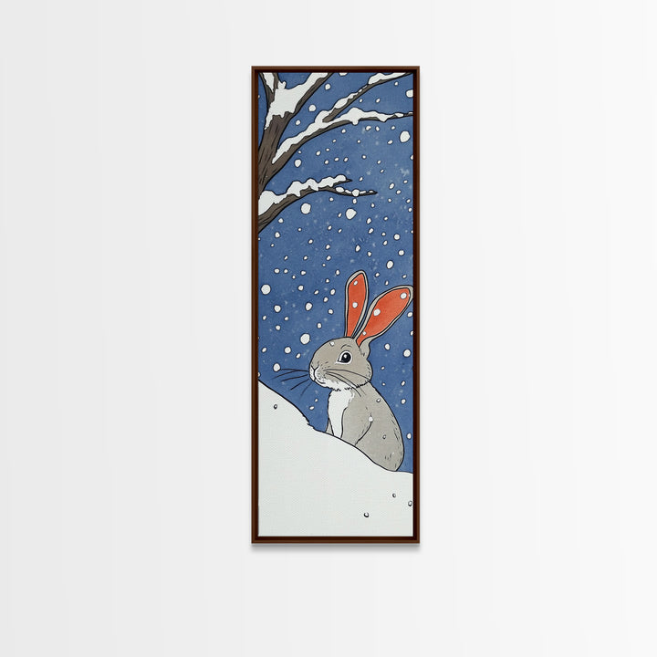 Snow Bunny In Falling Snow Wall Art, Whimsical Rabbit Watercolor Print, Cute Nursery Animal Decor, Winter Kids Room Art
