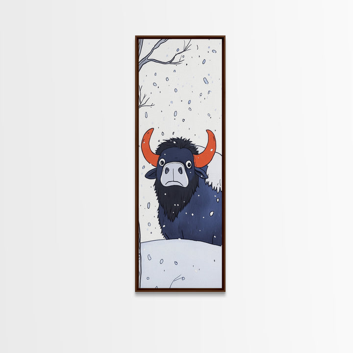 Musk Ox In Falling Snow Canvas Print, Whimsical Winter Animal Art, Nursery Wall Decor, Rustic Wildlife Gift For Kids Room