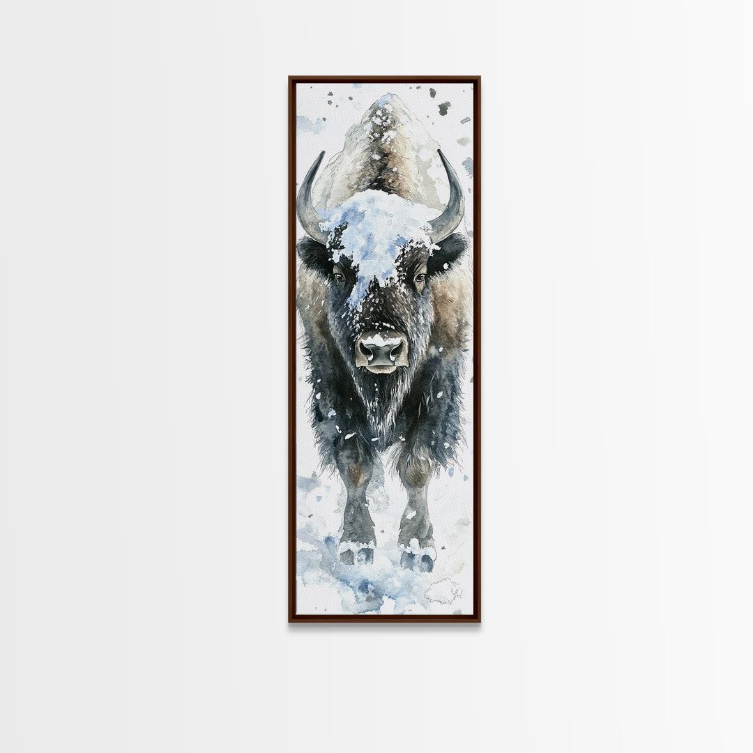 Snowy Bison Portrait Framed Canvas Print, Rustic Wildlife Wall Art, Western Animal Decor, Winter Lodge Housewarming Gift