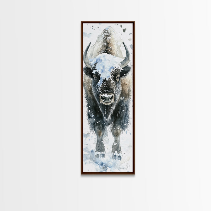 Snowy Bison Portrait Framed Canvas Print, Rustic Wildlife Wall Art, Western Animal Decor, Winter Lodge Housewarming Gift