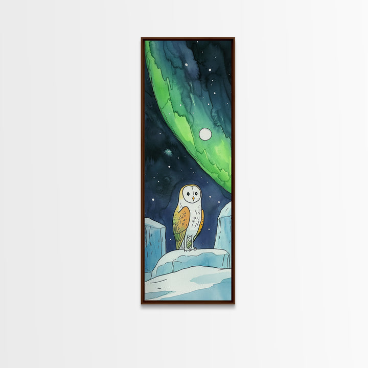 Barn Owl Under Northern Lights Canvas Print, Celestial Wall Art, Aurora Borealis Nursery Decor, Arctic Wildlife Gift For Owl Lovers