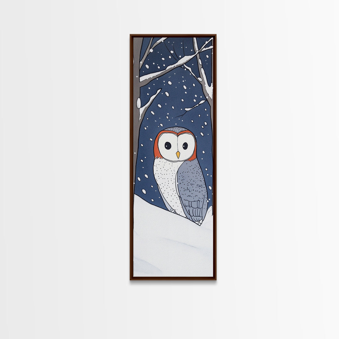 Cute Barn Owl In Snow Canvas Print, Whimsical Animal Wall Art, Winter Nursery Decor, Woodland Bird Gift For Kids Room Decor