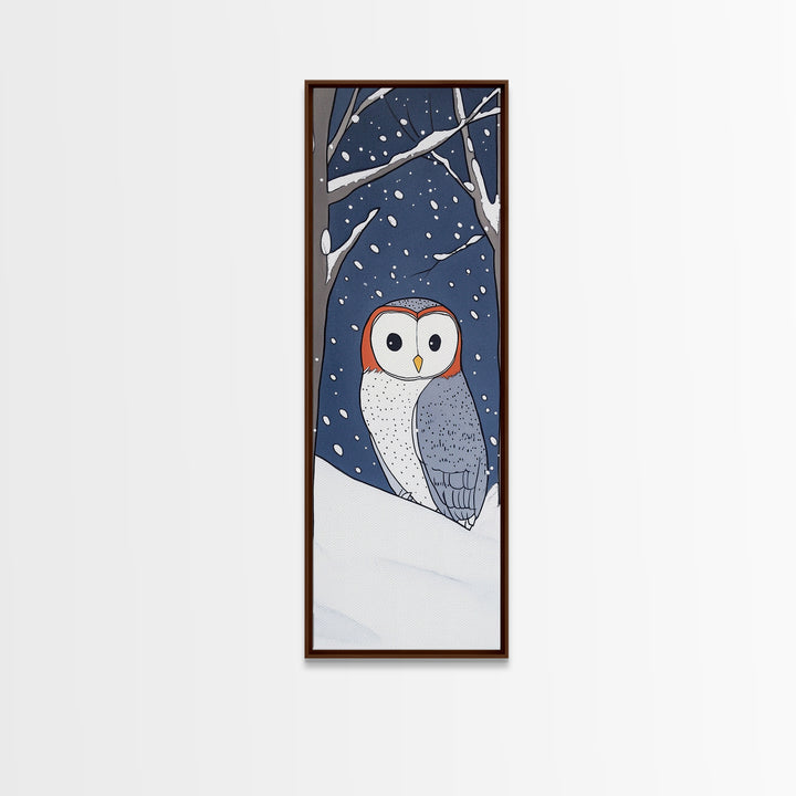 Cute Barn Owl In Snow Canvas Print, Whimsical Animal Wall Art, Winter Nursery Decor, Woodland Bird Gift For Kids Room Decor