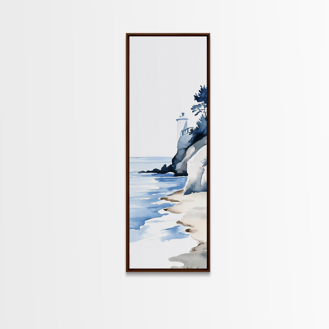 Blue Lighthouse On Cliff Canvas Print, Coastal Wall Art, Nautical Beach Decor, Ocean Landscape For Bathroom Or Living Room